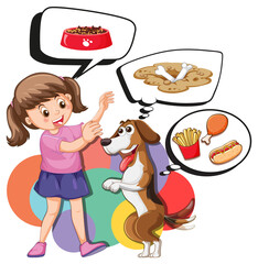 A girl and dog with callouts