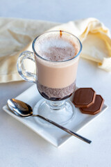 Homemade hot chocolate drink on a white background. close up
