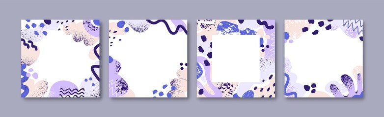 Abstract backgrounds set. Square-shaped cards with minimalistic geometric frames. Trendy modern designs, templates for social media posts with organic blobs, waves, lines. Flat vector illustrations