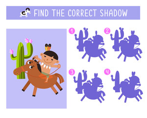 Find the correct shadow. Funny Red Indian boy rides horse. Game for children. Activity, vector illustration.