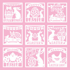 Easter card vector collection with bunny,flowers,egg. For paper or laser cutting and sublimation. Happy Easter phrase. Cute characters with spring symbols. Holiday papercut template.