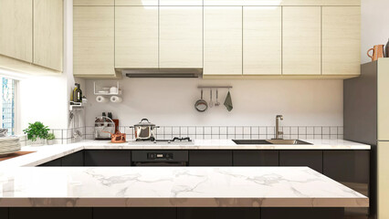 Beautiful 3D rendering of interior kitchen in modern style apartment with empty clean and shinny marble countertops and window on the side showing sky scrapers building. Household products background.