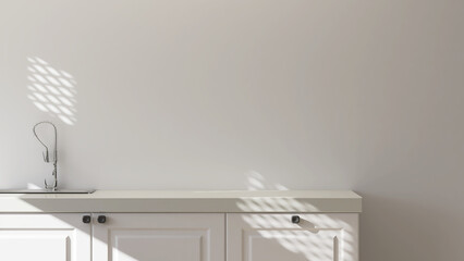 3D render for home products mock up. A white kitchen cabinet with stainless sink and deck mounted faucet, modern loft concrete wall in background with sunlight and beautiful window frame shadow, Space