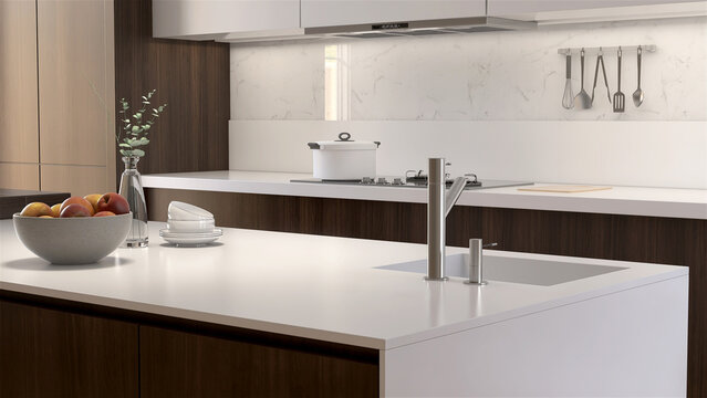 3D rendering interior illustration of  a modern style kitchen with white cabinet, Gas Stoves washing sink on island counter which connect to dining table. Design, Idea, Background, Lighting, Products.