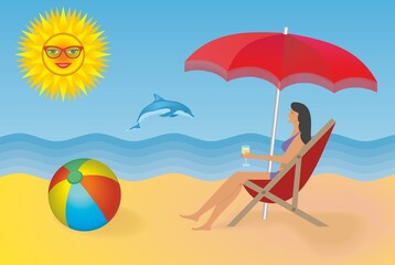 Obraz na płótnie Canvas Woman enjoying beach and the sunny weather. Vector illustration. Dimension 16:9.