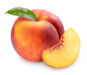 Sweet Yellow Peach with Sliced isolated on white background, Yellow Peach on White Background With clipping path.