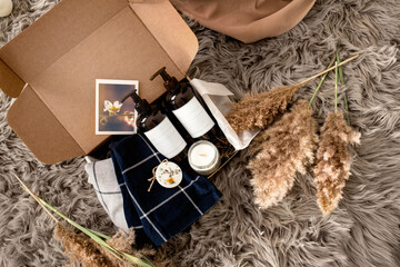 Top view of care gift box. Spa and relaxation gift set for a couple with copy space