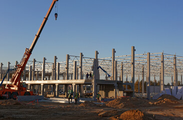 Industrial construction site. Crane build steel construction	