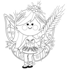 A beautiful summer fairy girl. Vector black and white coloring page