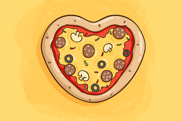 love pizza with cute colorful doodle style on yellow background