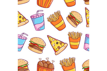 seamless pattern of cute junk food doodle icons with soda, burger and pizza slice