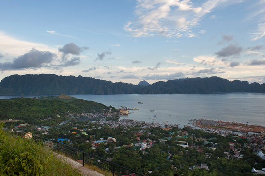 Scenic aerial view of Coron town and bay from Mount Tapyas, Coron, Philippines.