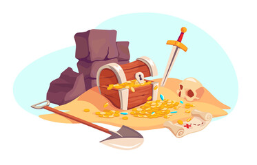 Vector illustration excavated treasures on a blue background. Treasure island. A pile of gold and jewels in a chest with a shovel, a treasure map, a sword and a skull next to it in cartoon style.