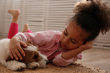 Little black girl playing with her friend, the adorable wire haired Jack Russel terrier puppy at...
