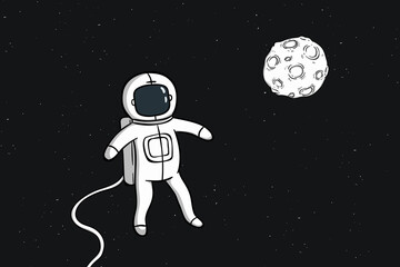Fototapeta premium astronaut boy floating in the space with moon or asteroid