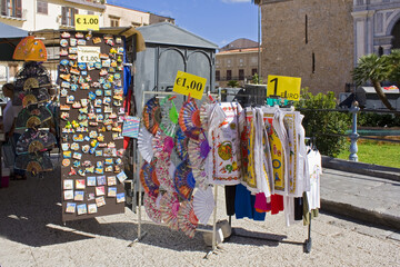  Traditional sicilian textile souvenirs on the local market in Monreale