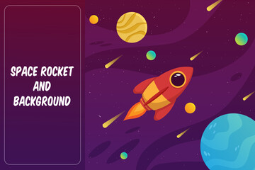 Fototapeta premium cute rocket space with colorful galaxy and planet