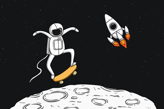 Astronaut play skateboarding on the moon with space rocket
