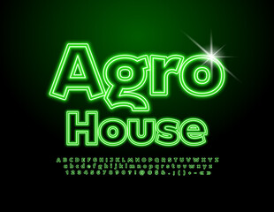 Vector neon Emblem Agro House. Trendy Green Font. Artistic Alphabet Letters and Numbers set. 