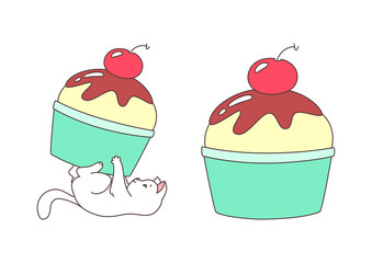Happy cat with an ice cream. Illustration of a happy white cat playing with a cup of ice cream. Vector 10 EPS.
