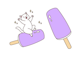 Happy cat with an ice cream. Funny illustration of a happy white cat sitting on a flying ice cream. Vector 10 EPS.
