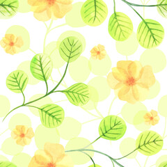 Abstract yellow transparent flowers with green leaves watercolor beautiful seamless patterns illustration