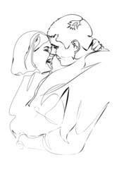 Obraz premium Drawing with a black line on a white background, depicting an embrace of a couple in love.