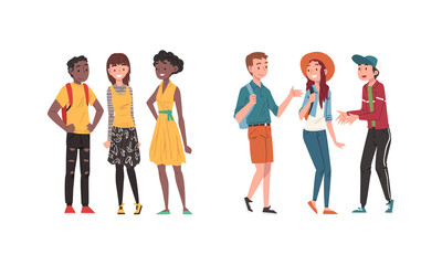 Obraz premium Teenagers stodents in casual outfit talking with each other set cartoon vector illustration