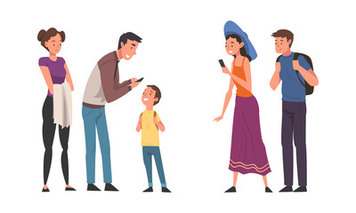 Fototapeta premium People using smartphones for ordering taxi car cartoon vector illustration