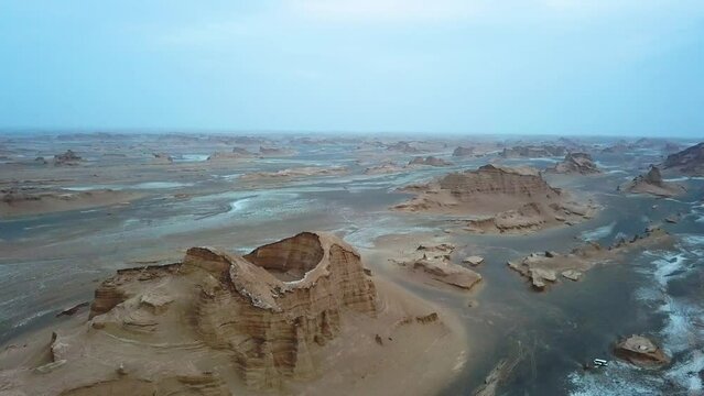 Environment. Global warming. The most beautiful places on the planet Earth. Lut desert, hottest desert in the world, Iran. Rivers with salt banks in the desert. Drone.