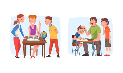 Children studying with parents at home together set. Mother and father helping children with homework. Homeschooling concept cartoon vector illustration