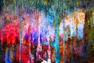 Colorfully lit stalactite cave in Mallorca.Painted