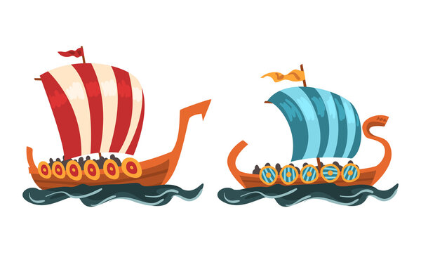 Ancient viking Scandinavian draccars set, Norway long boat with dragon head cartoon vector illustration