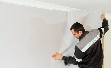 The wall repairman is finishing wallpapering, on the left there is a place for an inscription. Home...