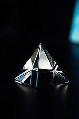 Glowing triangular prism on a table on a black background. Prism in the shape of a pyramid