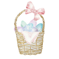 Fototapeta na wymiar Easter Basket with Multicolored Pastel Eggs Isolated on White Background. Beautiful Illustration for Wallpaper, Fabric and Postcard