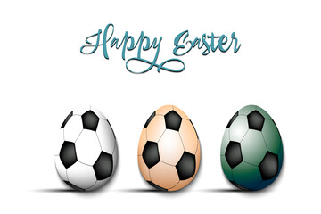 Happy Easter. Set eggs decorated in the form of a soccer balls different colors. Eggs shaped soccer balls. Pattern for greeting card, banner, poster. Vector illustration on isolated background
