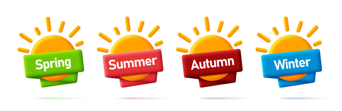 Set of seasonal 3d icon of sun with ribbon around it, label or tags, isolated