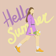 A girl in a lilac dress and sneakers walks with a bouquet of flowers in her hand against the background of the inscription Hello Summer.
Vector illustration in modern flat style.