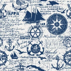 Caribbean sailing cruises nautical elements collage wallpaper grunge marine vector seamless pattern