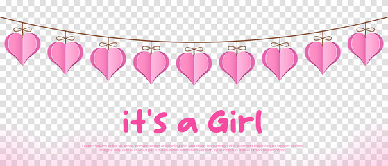 Fototapeta Its a girl. Welcome greeting card for childbirth with hanging hearts. Vector illustration obraz