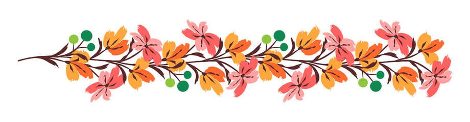 Floral border pattern. Background with bouquet flower branch brush strokes. Border frame made of flowers