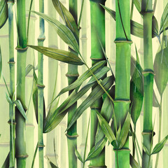 Watercolor illustration seamless pattern of bamboo. Stems, leaves in the rhythm of the jungle thickets. For textiles, fabrics, wallpaper, background, clothing, posters, paper, scrapbooking