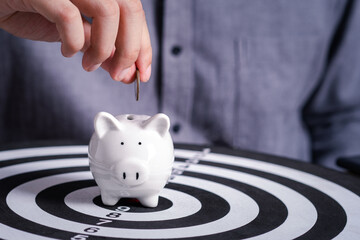 Hand putting coin into piggy bank. Business saving money wealth and financial concept finance, investment, Financial planning. on wooden table and white background with copy space for text.