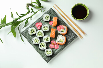 Concept of tasty food with sushi, top view