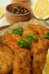 Concept of tasty food with Chicken strips, close up