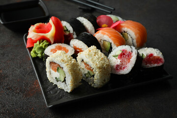 Concept of tasty food with sushi, close up