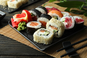 Concept of tasty food with sushi, close up