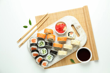 Concept of tasty food with sushi, top view