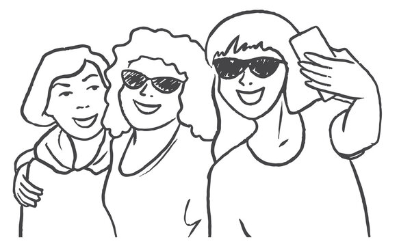 Sketch Group of three friends women taking a selfie . Doodle Vector illustration